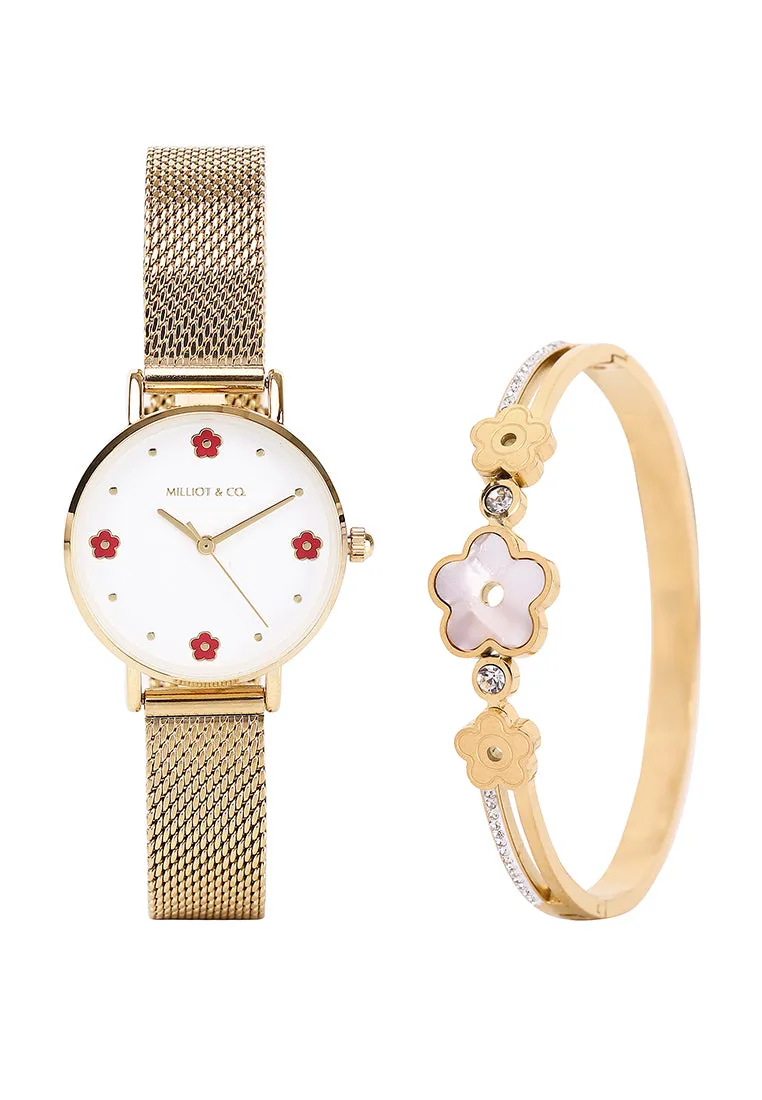 Susy Gold Mesh Watch with Bangle Set (Gold)