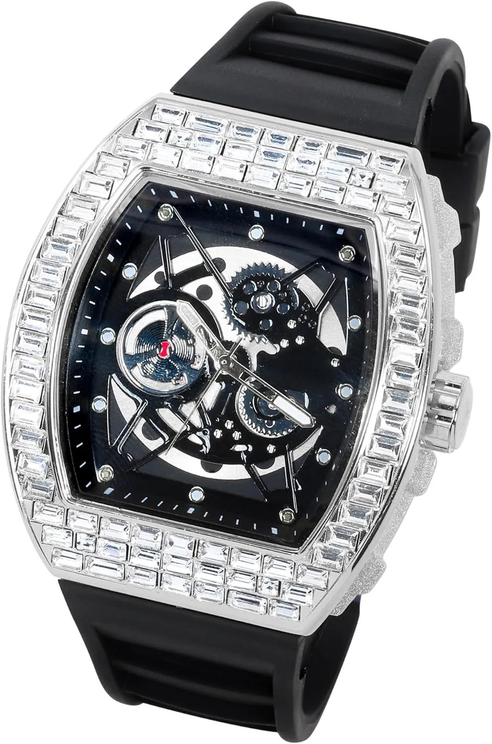 Techno Pave Men's 40mm Iced Out Tonneau Shape Silicone Band Watch