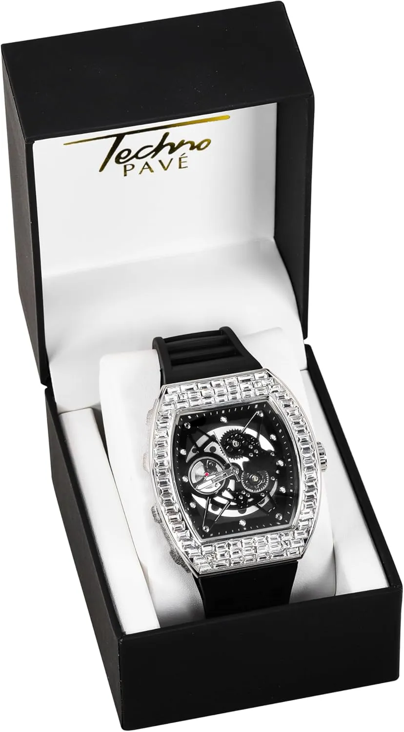 Techno Pave Men's 40mm Iced Out Tonneau Shape Silicone Band Watch