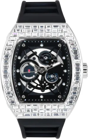 Techno Pave Men's 40mm Iced Out Tonneau Shape Silicone Band Watch