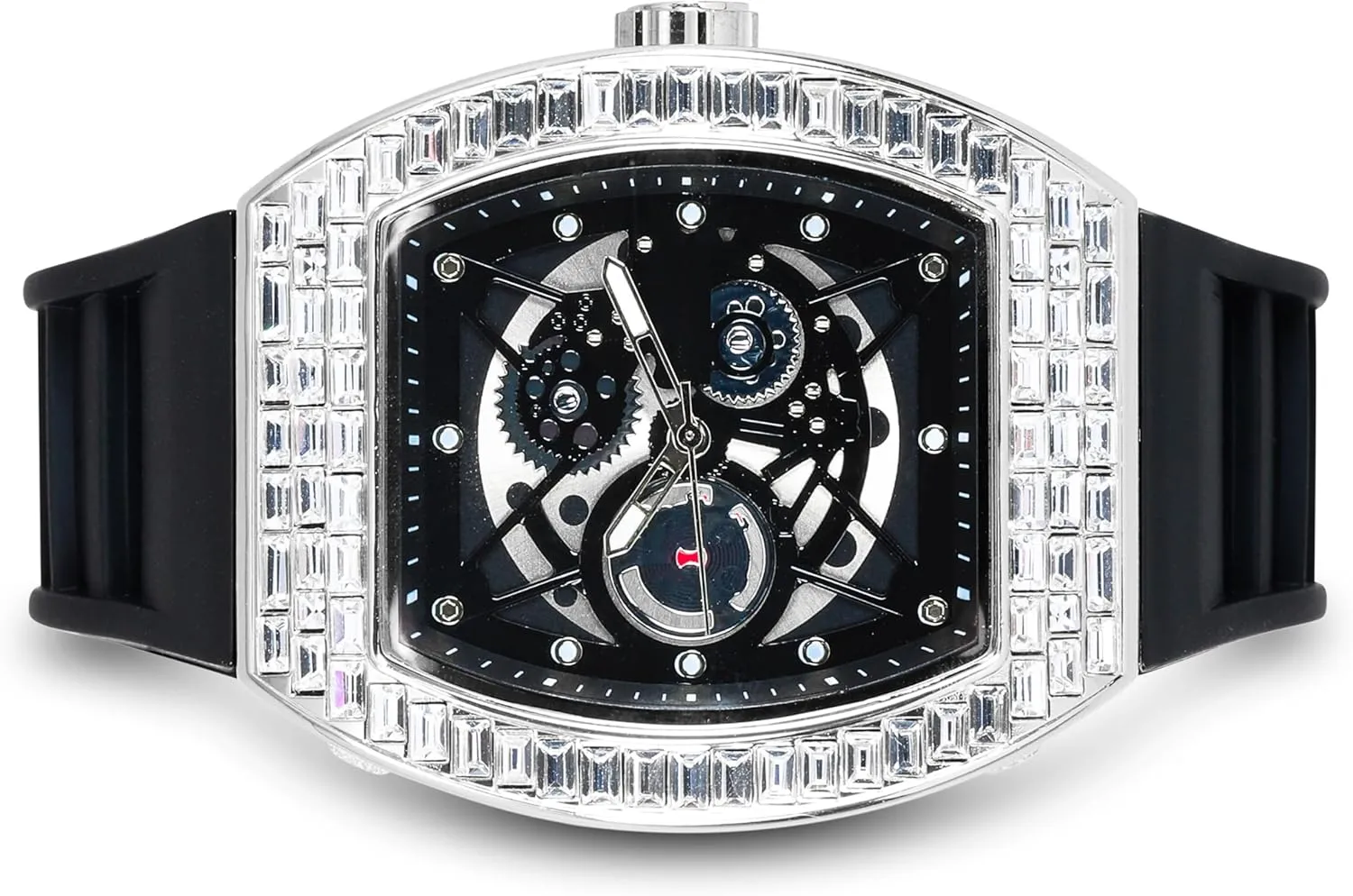 Techno Pave Men's 40mm Iced Out Tonneau Shape Silicone Band Watch