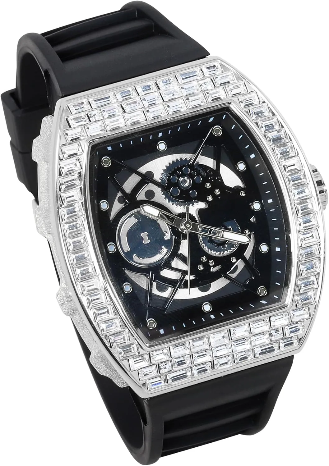 Techno Pave Men's 40mm Iced Out Tonneau Shape Silicone Band Watch