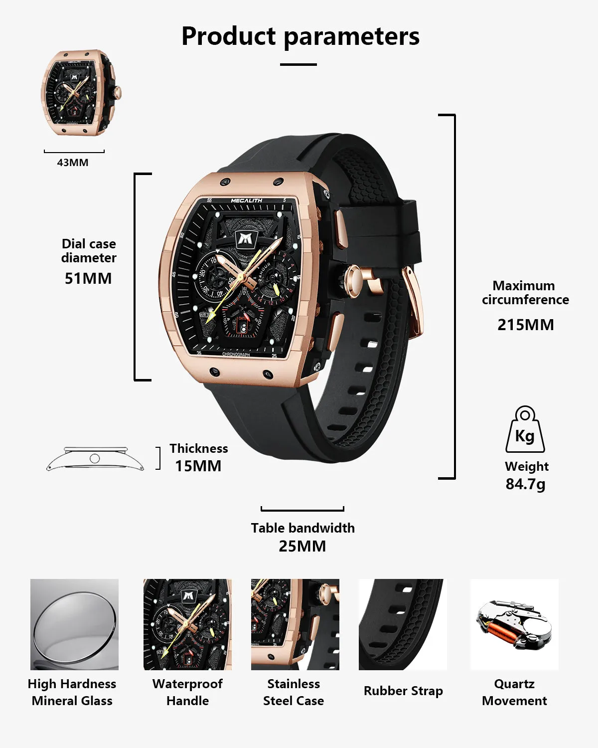 Vanguard Watch | Chronograph Watch Rubber Band | Megalith 8290M