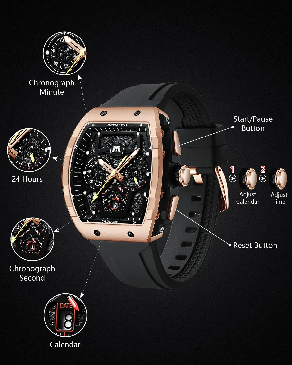 Vanguard Watch | Chronograph Watch Rubber Band | Megalith 8290M