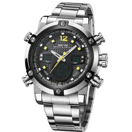 WEIDE Brand Mens Sports Watches LED Digital Analog Quartz Watch Display 2 Time Zones Full Steel Watch Men Waterproof 3ATM Clock
