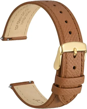 WOCCI 14mm Grace Watch Band for Ladies, Top Grain Leather, Quick Release Replacement Strap with Gold Buckle (Brown)