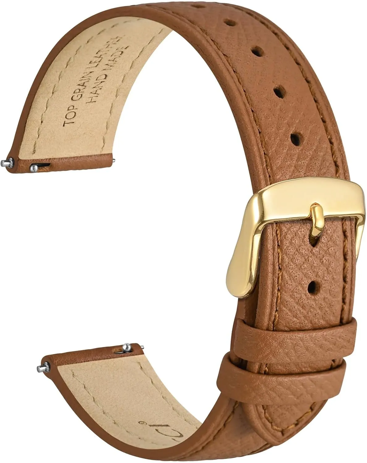 WOCCI 14mm Grace Watch Band for Ladies, Top Grain Leather, Quick Release Replacement Strap with Gold Buckle (Brown)
