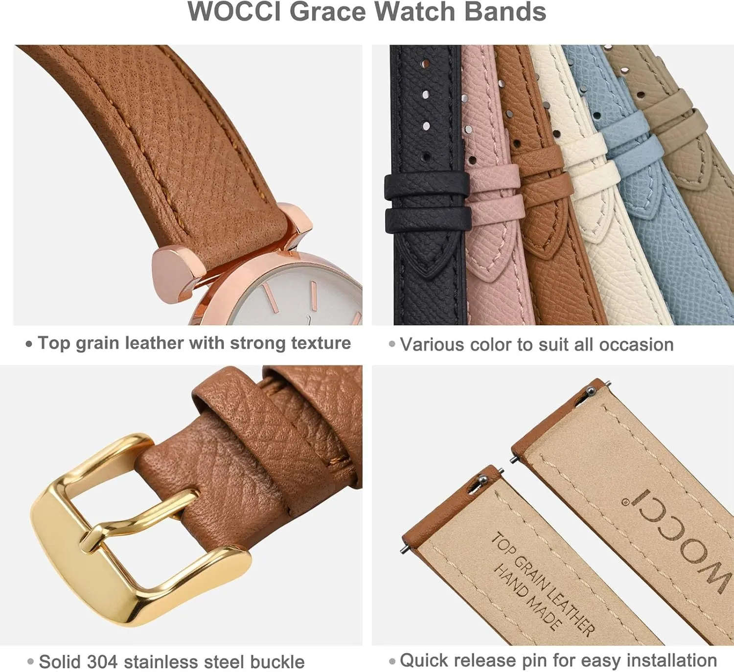 WOCCI 14mm Grace Watch Band for Ladies, Top Grain Leather, Quick Release Replacement Strap with Gold Buckle (Brown)