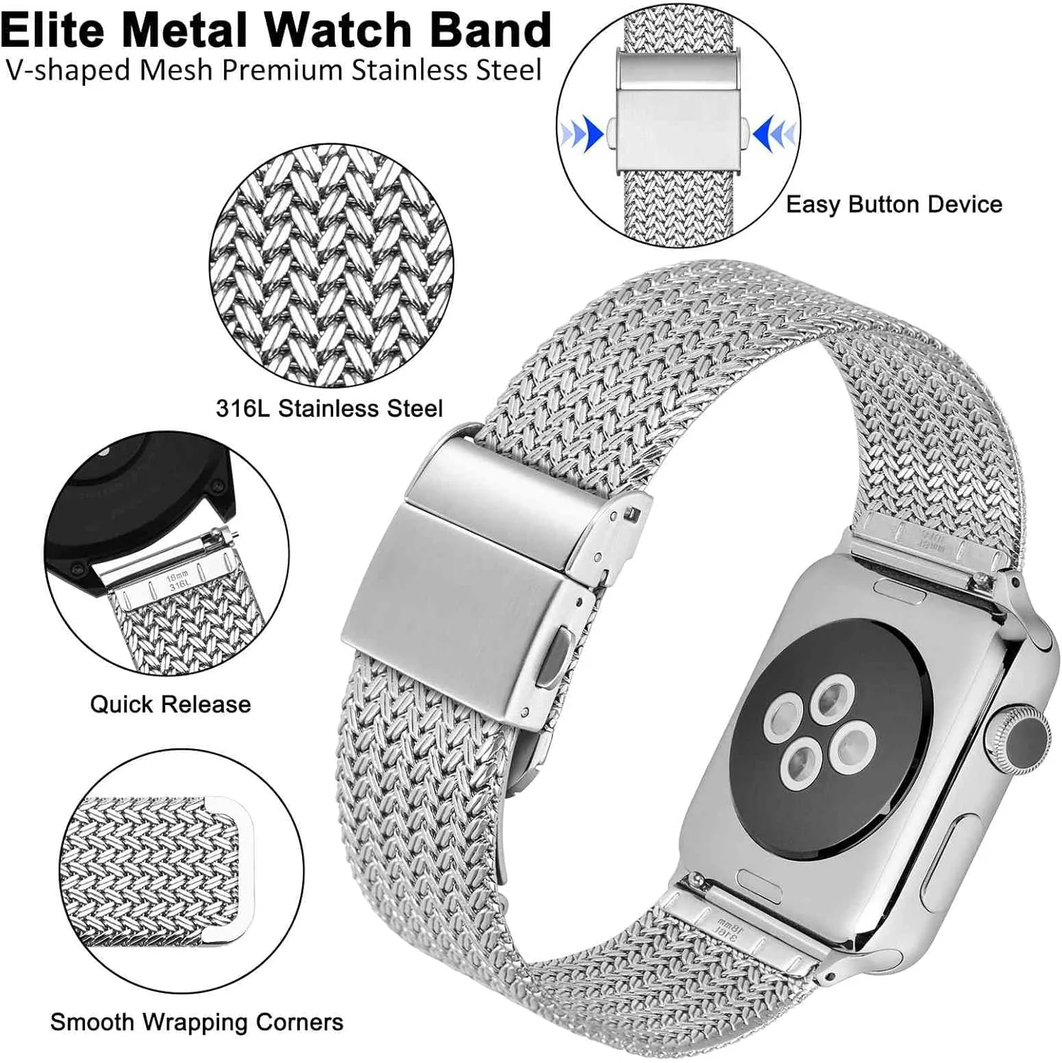 WOCCI Elite Metal Watch Band for Women and Men, Mesh Woven, 316L Stainless Steel, Quick Release, Fold Clasp, Strap Width 14mm 16mm 18mm 20mm 22mm