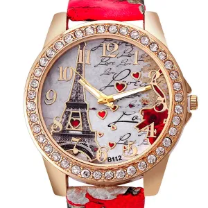 Women Big Watches Fashion Luxury Crystal Paris Eiffel Tower Quartz Wristwatch Leather Band Casual Ladies Accessory