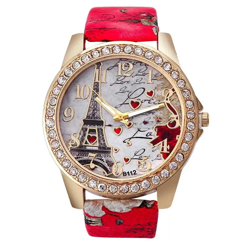 Women Big Watches Fashion Luxury Crystal Paris Eiffel Tower Quartz Wristwatch Leather Band Casual Ladies Accessory
