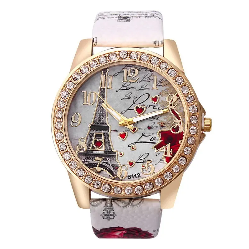 Women Big Watches Fashion Luxury Crystal Paris Eiffel Tower Quartz Wristwatch Leather Band Casual Ladies Accessory