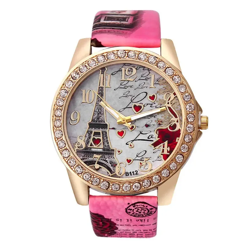 Women Big Watches Fashion Luxury Crystal Paris Eiffel Tower Quartz Wristwatch Leather Band Casual Ladies Accessory