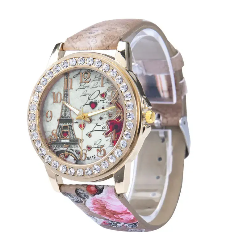 Women Big Watches Fashion Luxury Crystal Paris Eiffel Tower Quartz Wristwatch Leather Band Casual Ladies Accessory