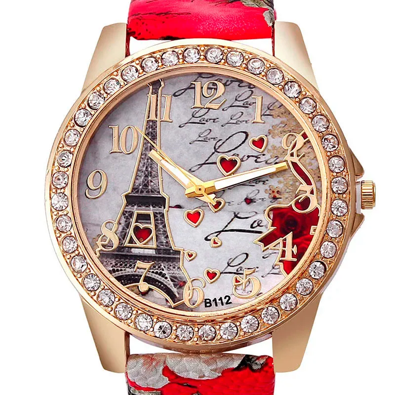 Women Big Watches Fashion Luxury Crystal Paris Eiffel Tower Quartz Wristwatch Leather Band Casual Ladies Accessory
