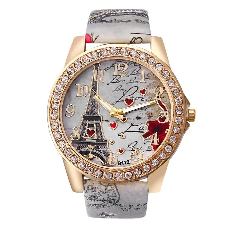 Women Big Watches Fashion Luxury Crystal Paris Eiffel Tower Quartz Wristwatch Leather Band Casual Ladies Accessory