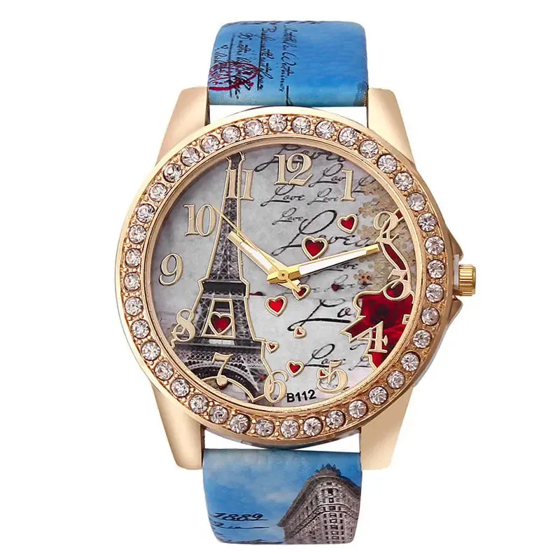 Women Big Watches Fashion Luxury Crystal Paris Eiffel Tower Quartz Wristwatch Leather Band Casual Ladies Accessory
