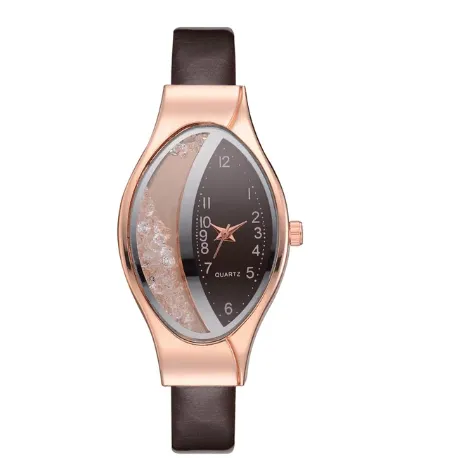Women Fashion Luxury Leather Strap Ellipse Rhinestone Watch