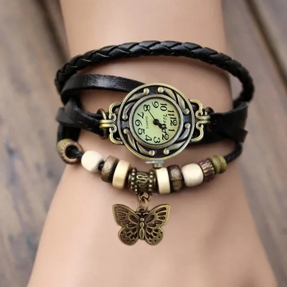 Women Leather Wrist Watch Bracelet Retro Butterfly Pendant Weave Wrap Quartz