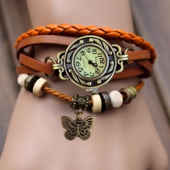 Women Leather Wrist Watch Bracelet Retro Butterfly Pendant Weave Wrap Quartz