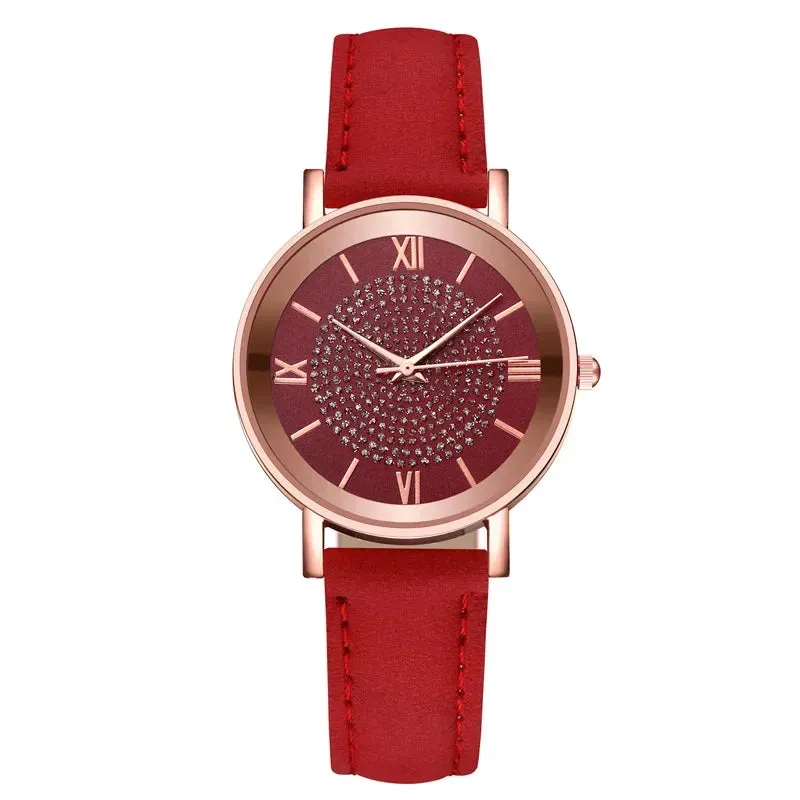 Women Watches Fashion Korean Rhinestone Pink Quartz Watch
