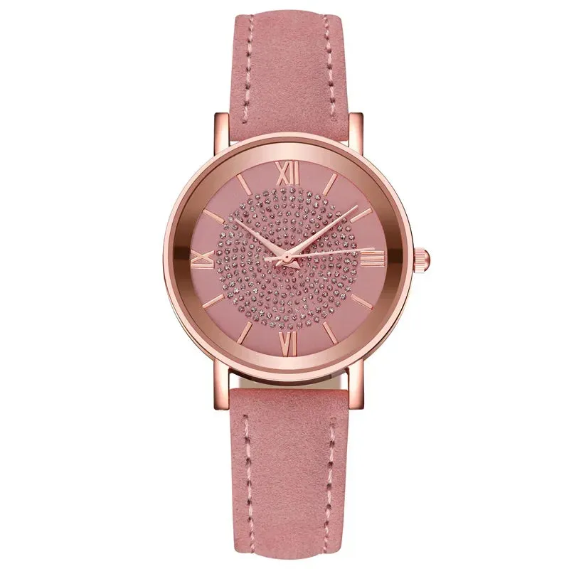 Women Watches Fashion Korean Rhinestone Pink Quartz Watch