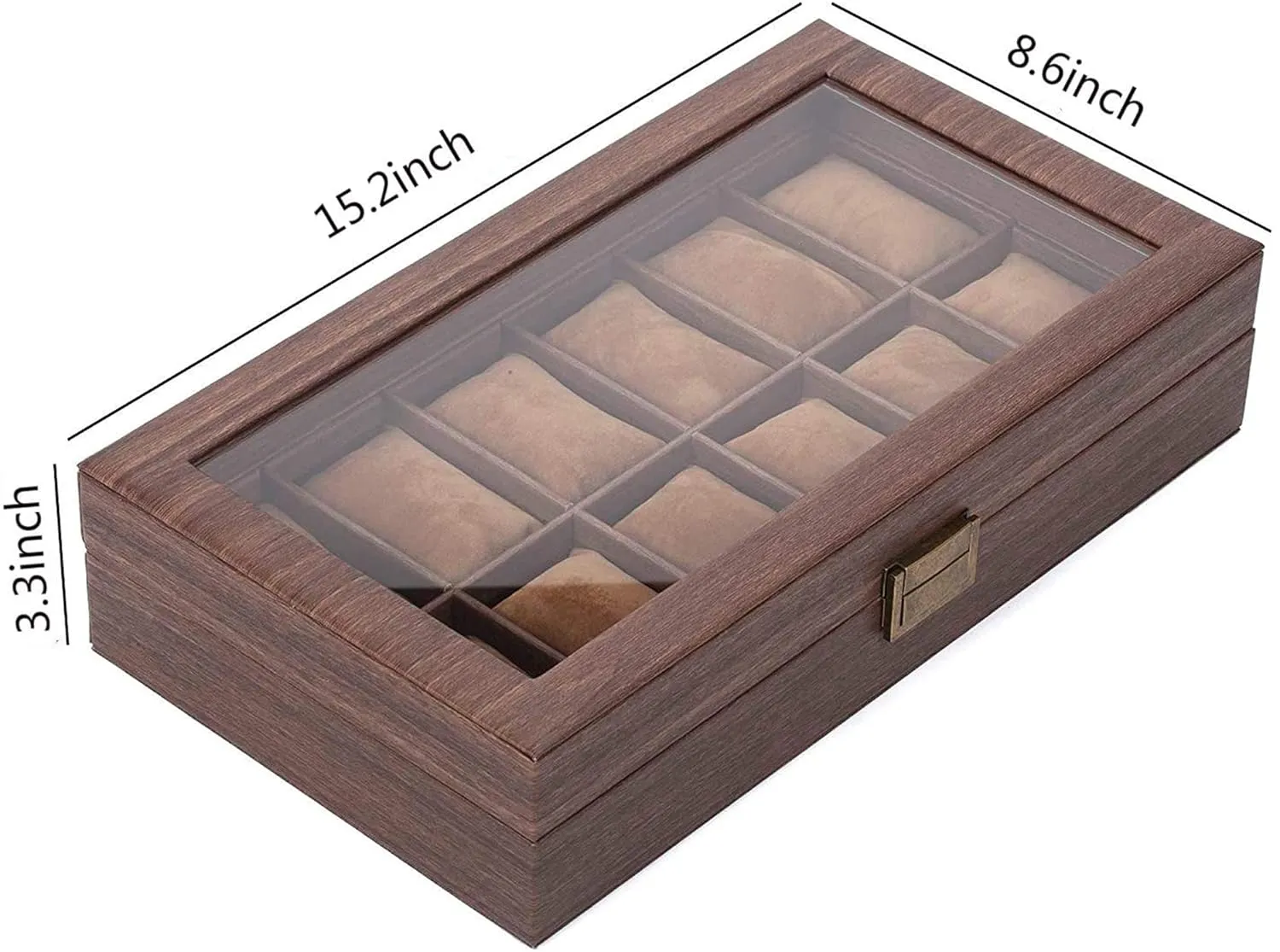 Wooden Look 10 Slot Watch Box Organizer Watch Case with Glass Top Antique Lock
