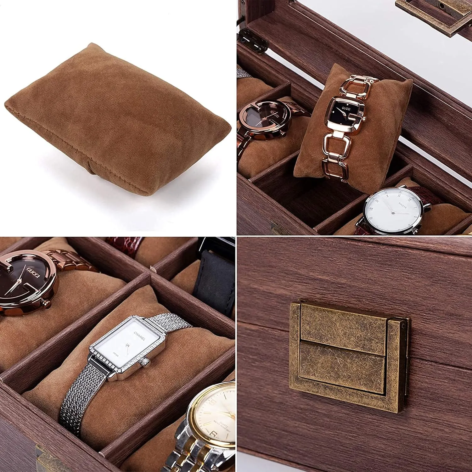 Wooden Look 10 Slot Watch Box Organizer Watch Case with Glass Top Antique Lock